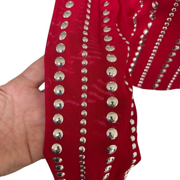 Y2K VTG. RED MESH STUDDED EMBELLISHED SHEER BLOUSE SMALL EUC. - Picture 5 of 8